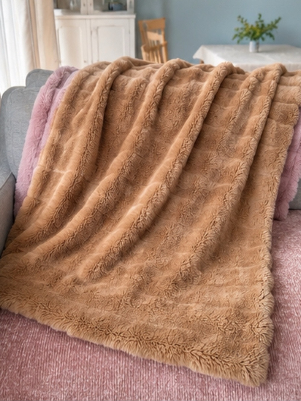 Indigo Channeled Faux Fur Throw Blanket - Light Brown